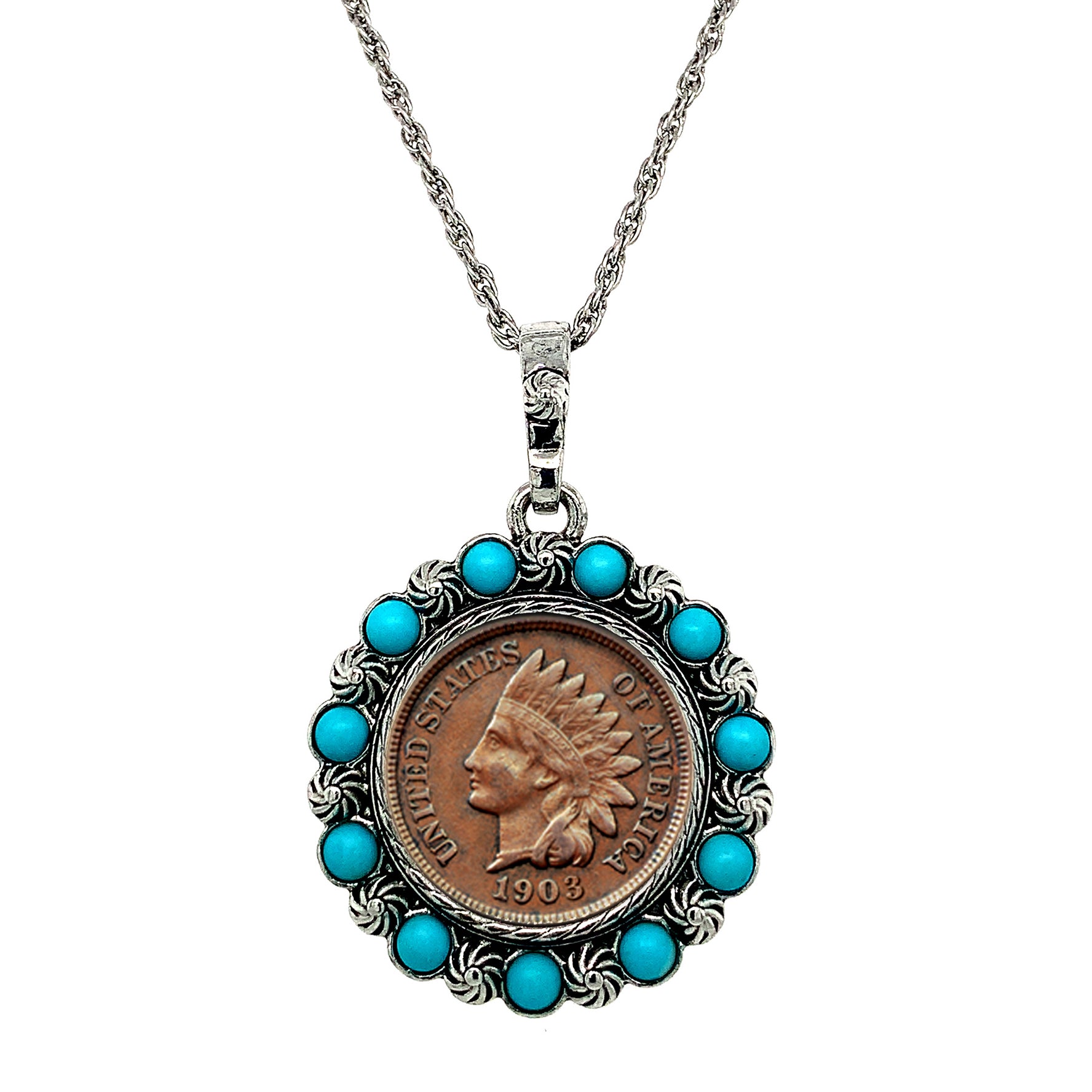 Indian Head Penny Coin Pendant with Real Turquoise Beads