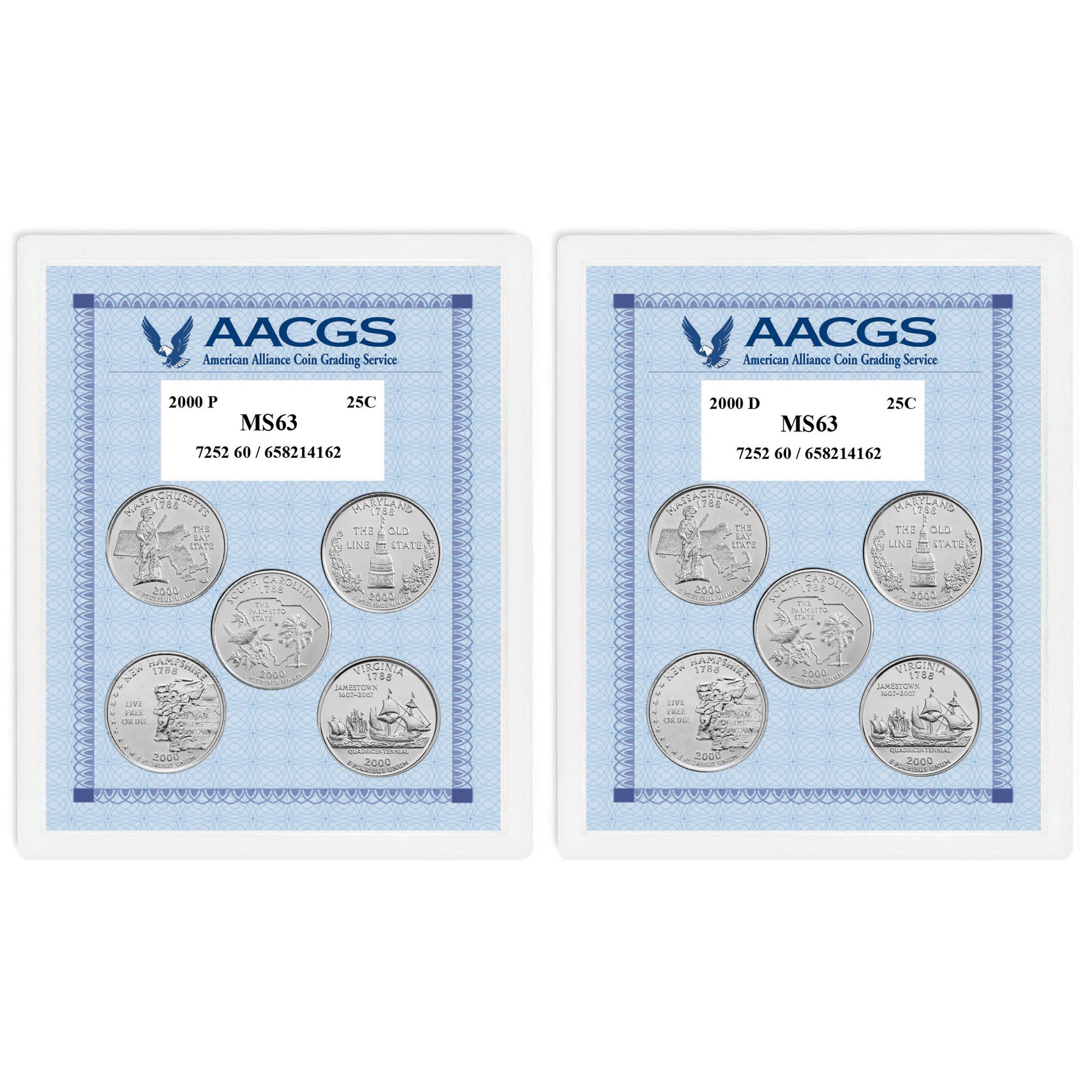 2000P & 2000D Statehood Quarters Graded MS63 Brilliant Uncirculated 