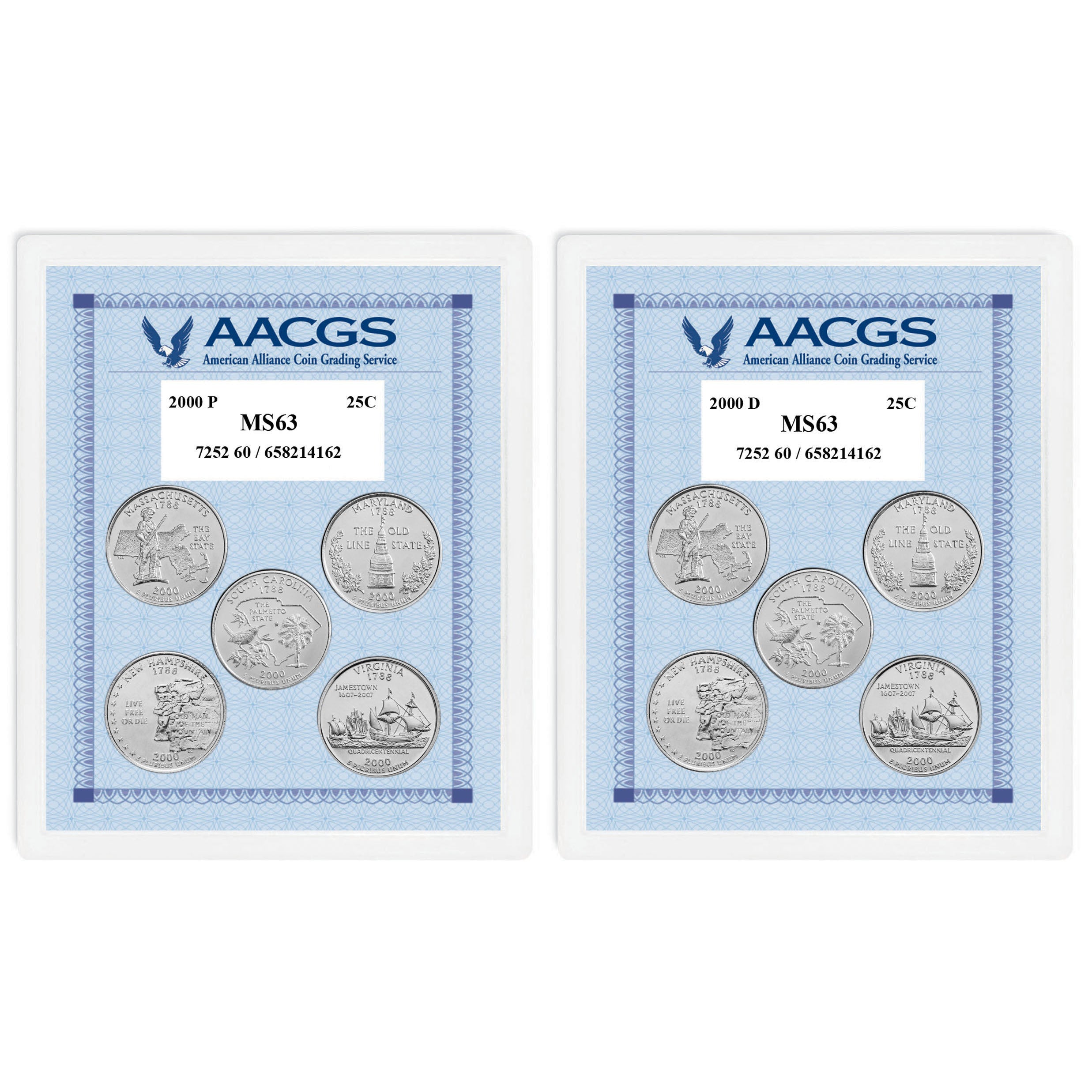 2000P & 2000D Statehood Quarters Graded MS63 Brilliant Uncirculated 