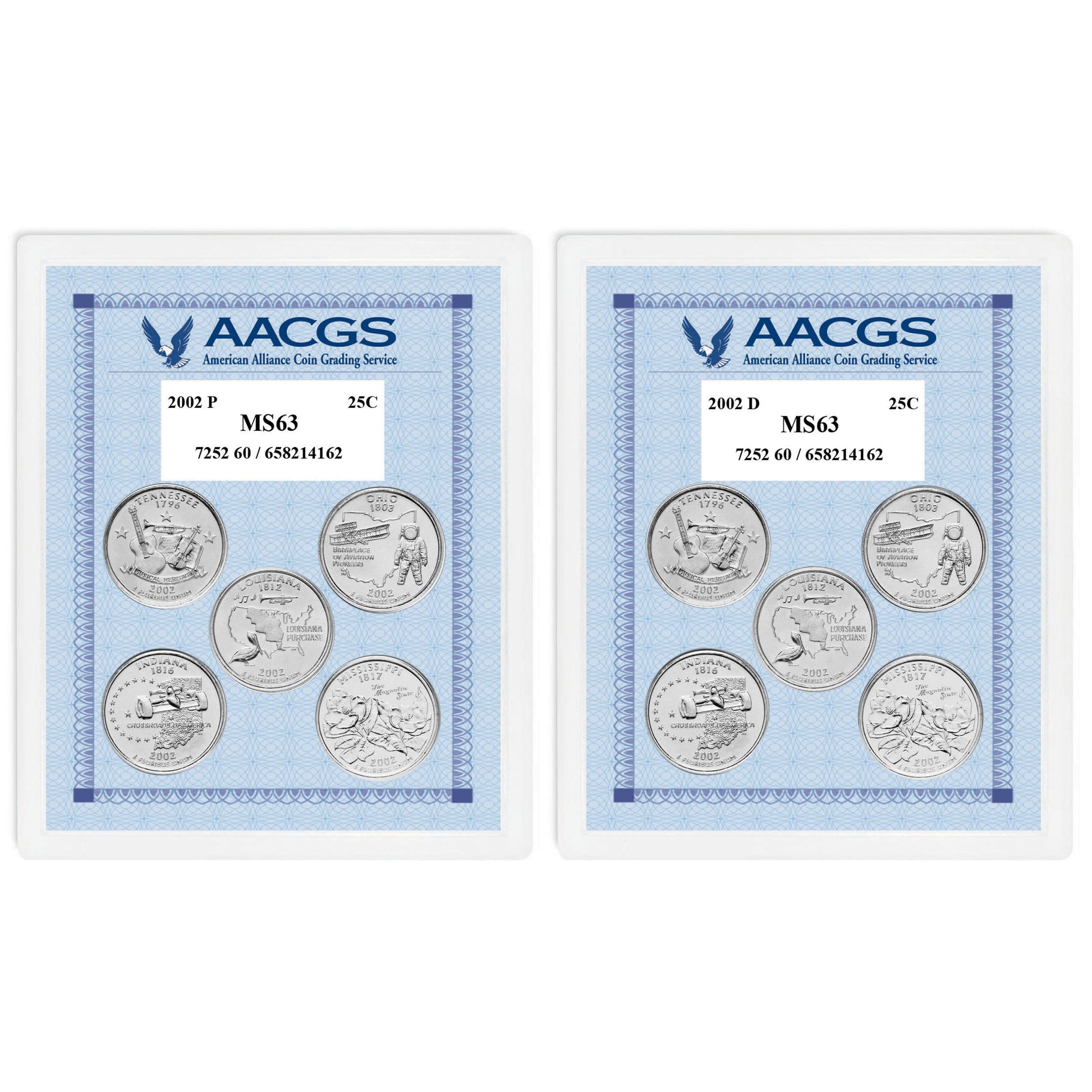 2002P & 2002D Statehood Quarters Graded MS63 Brilliant Uncirculated 