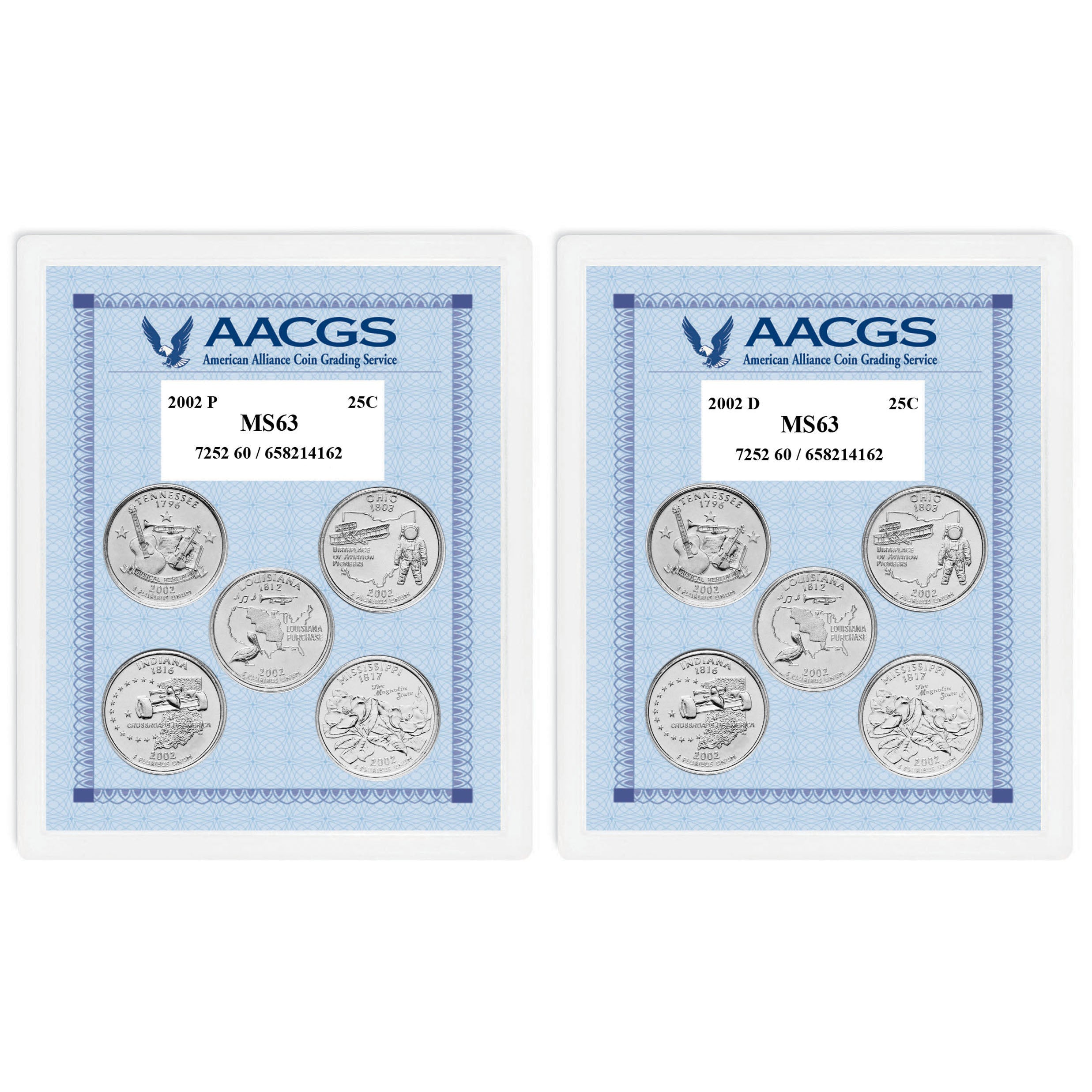 2002P & 2002D Statehood Quarters Graded MS63 Brilliant Uncirculated 