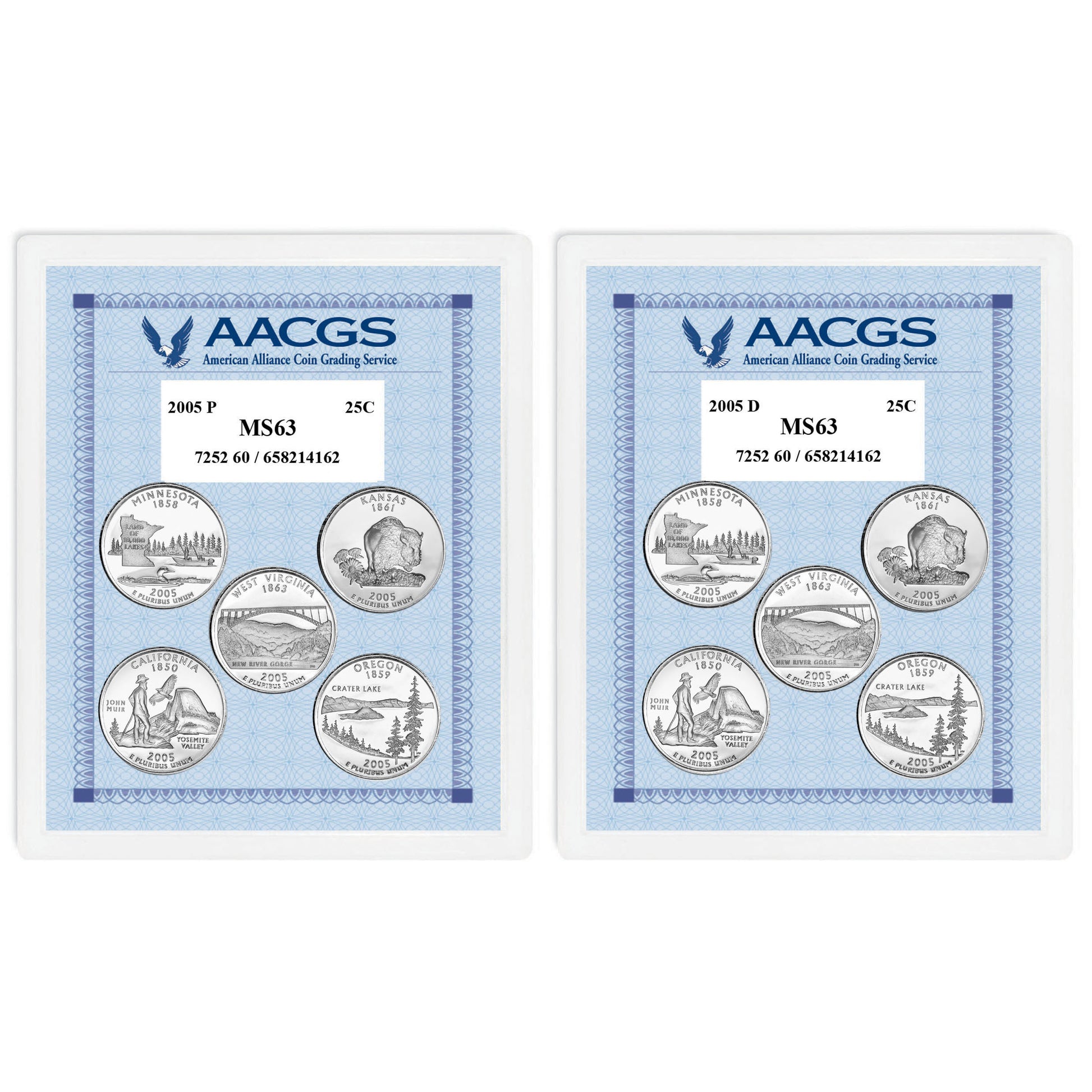 2005P & 2005D Statehood Quarters Graded MS63 Brilliant Uncirculated 