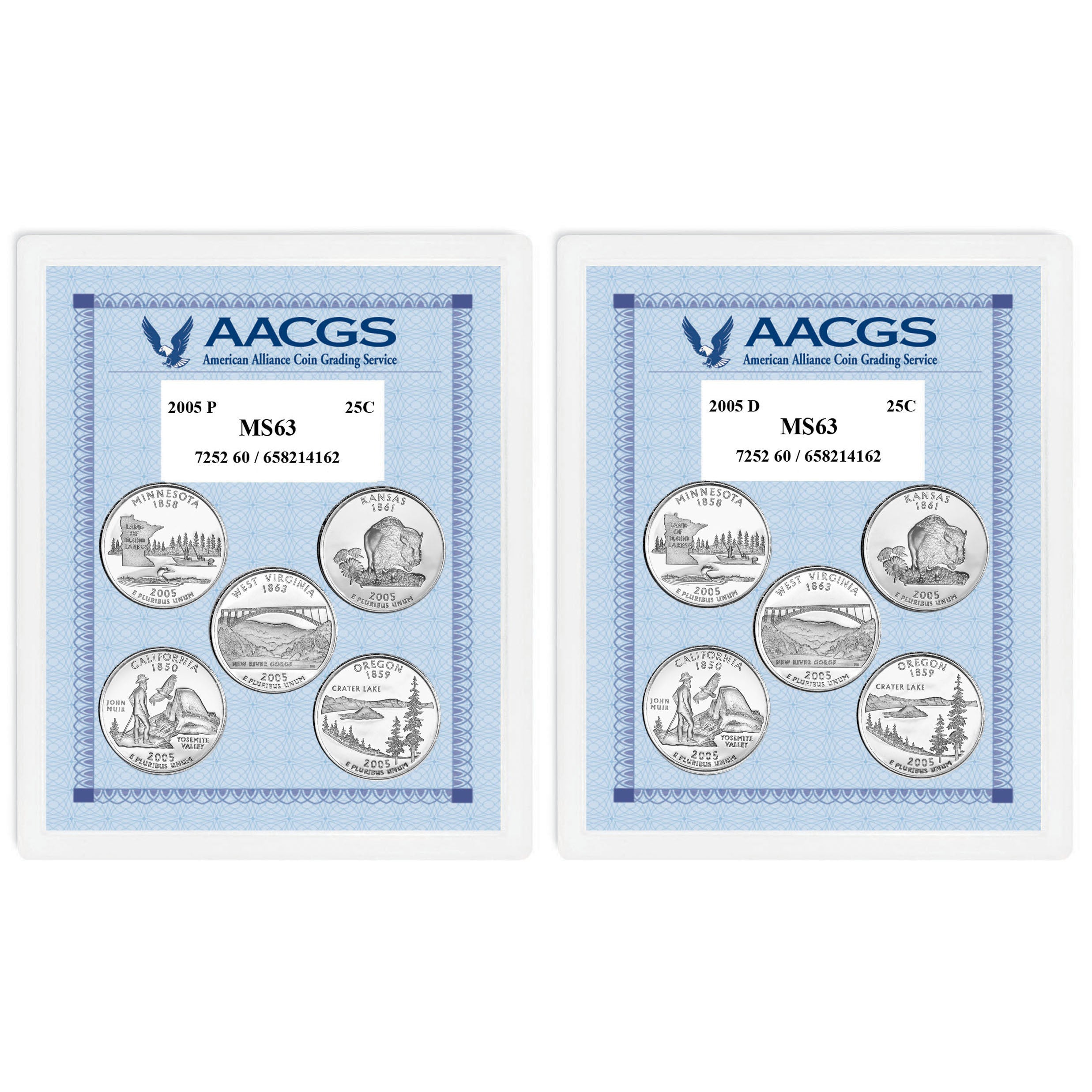 2005P & 2005D Statehood Quarters Graded MS63 Brilliant Uncirculated 