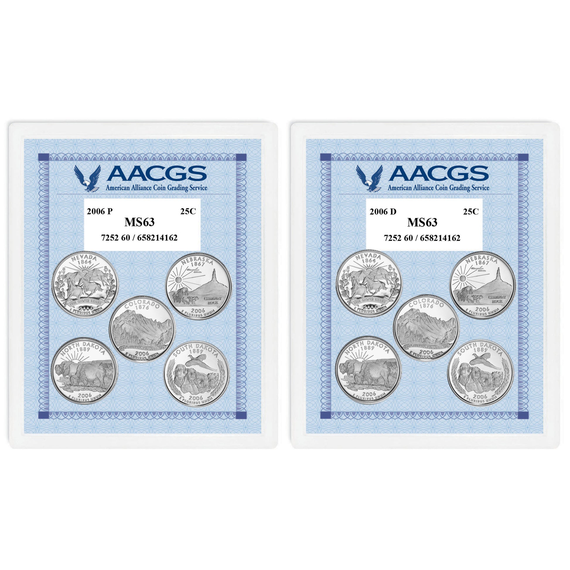 2006P & 2006D Statehood Quarters Graded MS63 Brilliant Uncirculated 