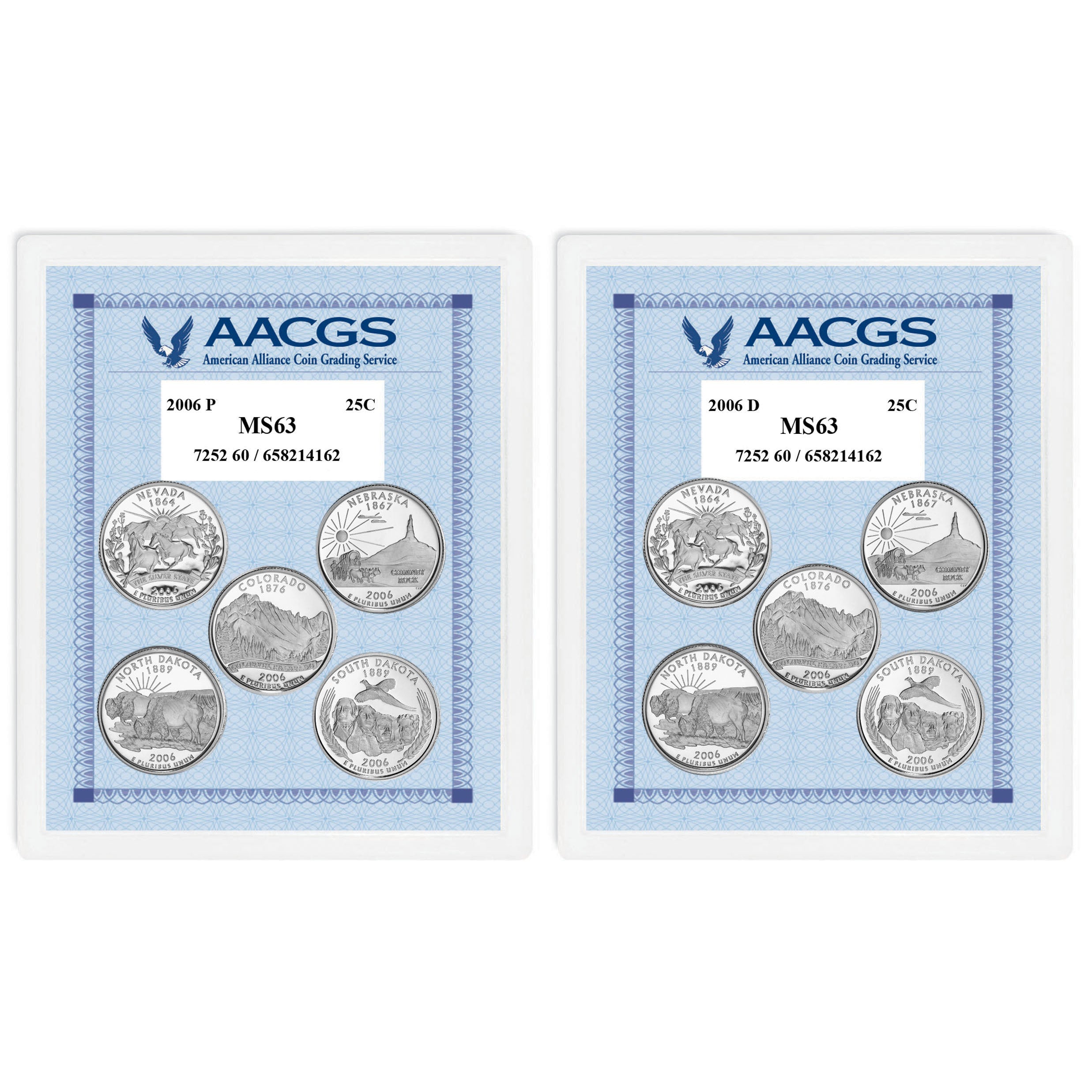 2006P & 2006D Statehood Quarters Graded MS63 Brilliant Uncirculated 