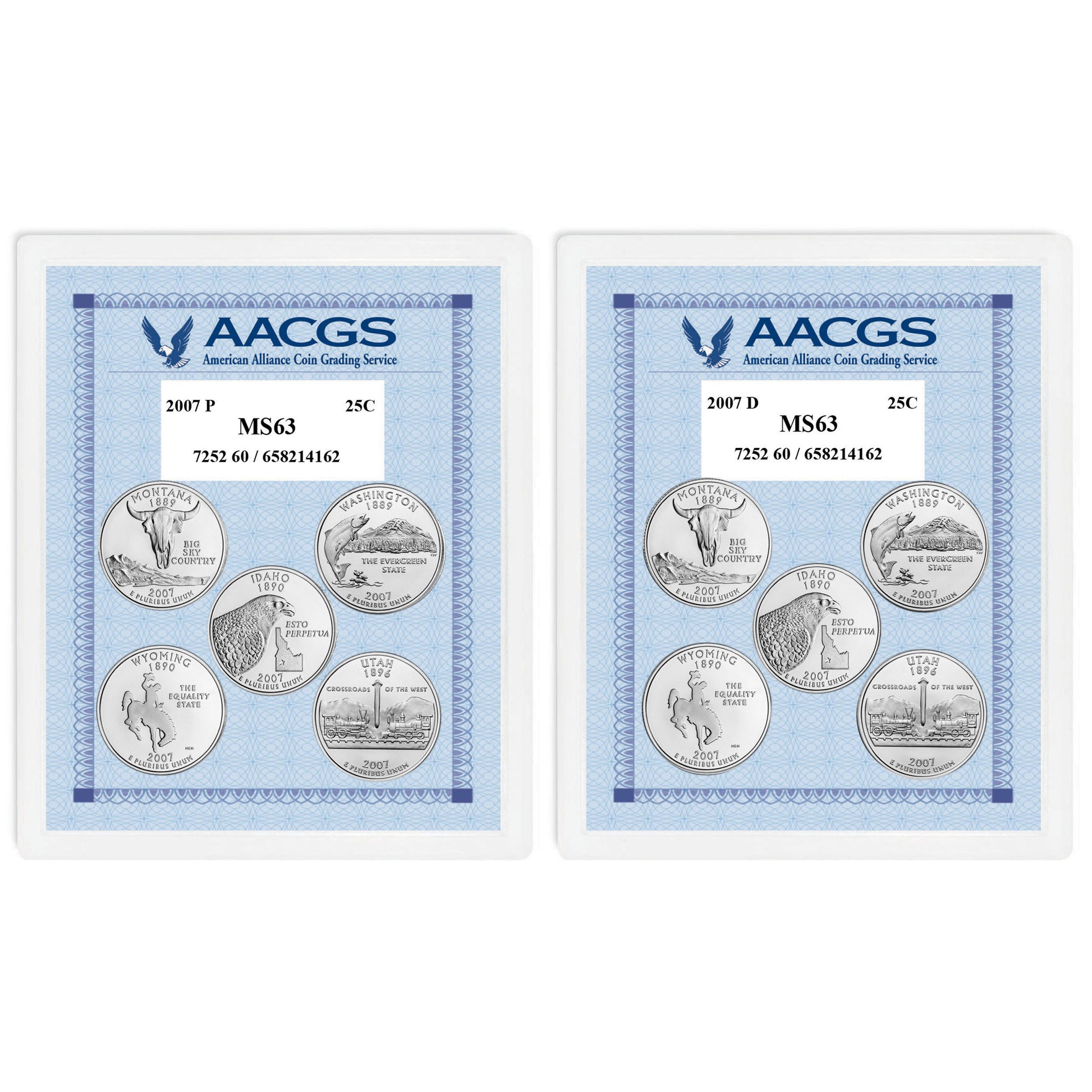 2007P & 2007D Statehood Quarters Graded MS63 Brilliant Uncirculated 