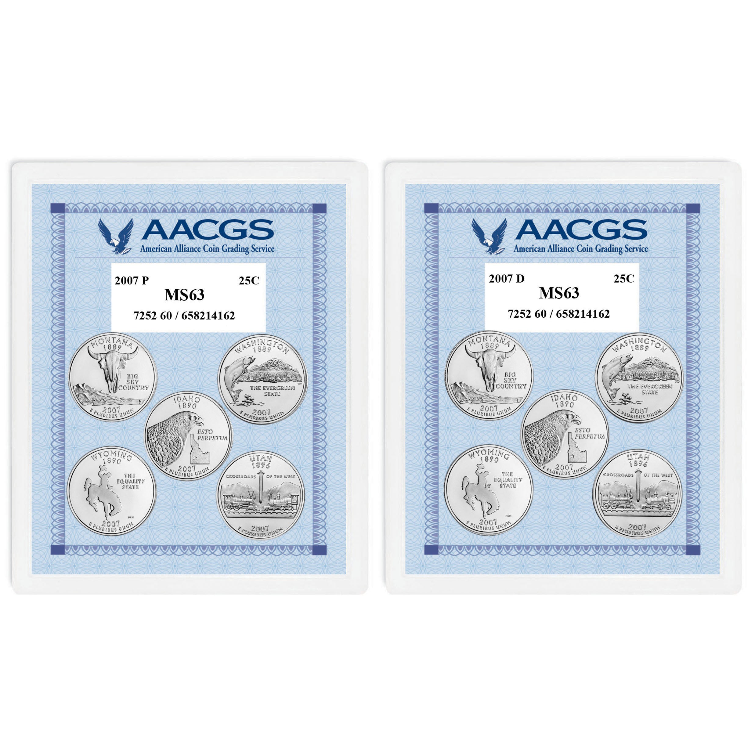 2007P & 2007D Statehood Quarters Graded MS63 Brilliant Uncirculated 