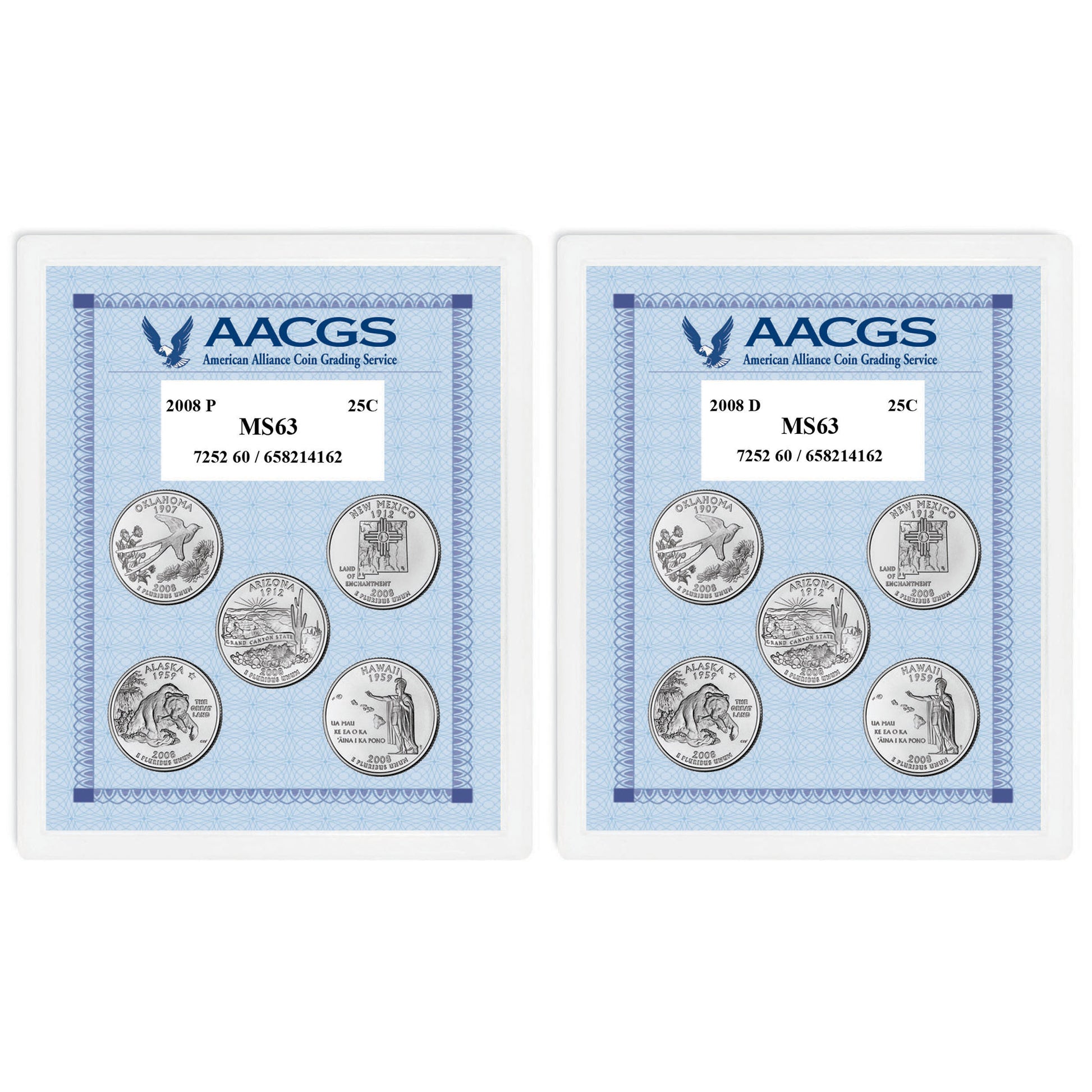 2008P & 2008D Statehood Quarters Graded MS63 Brilliant Uncirculated 