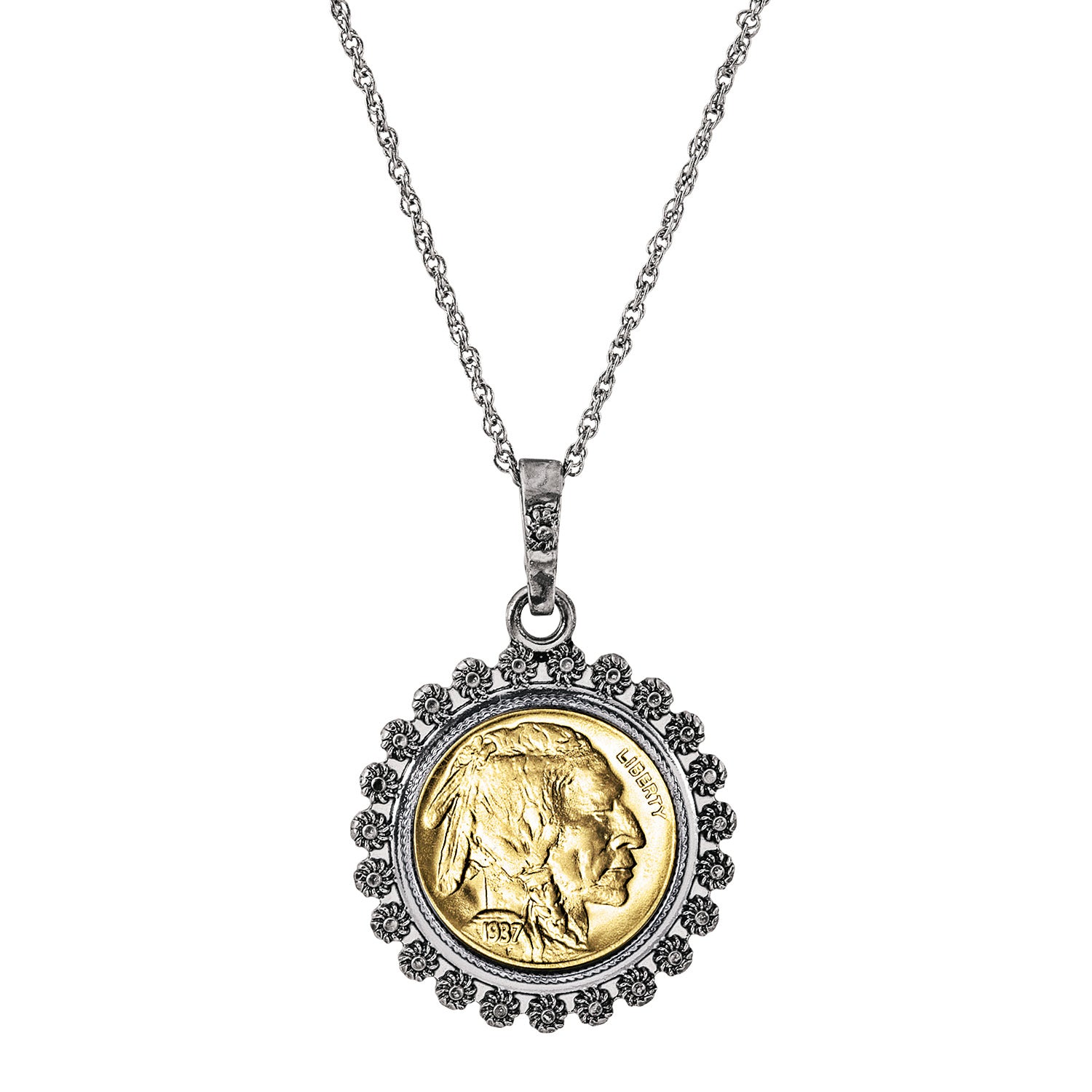 Gold Layered Buffalo Nickel Silvertone Blossom Coin Pendant 24" Chain