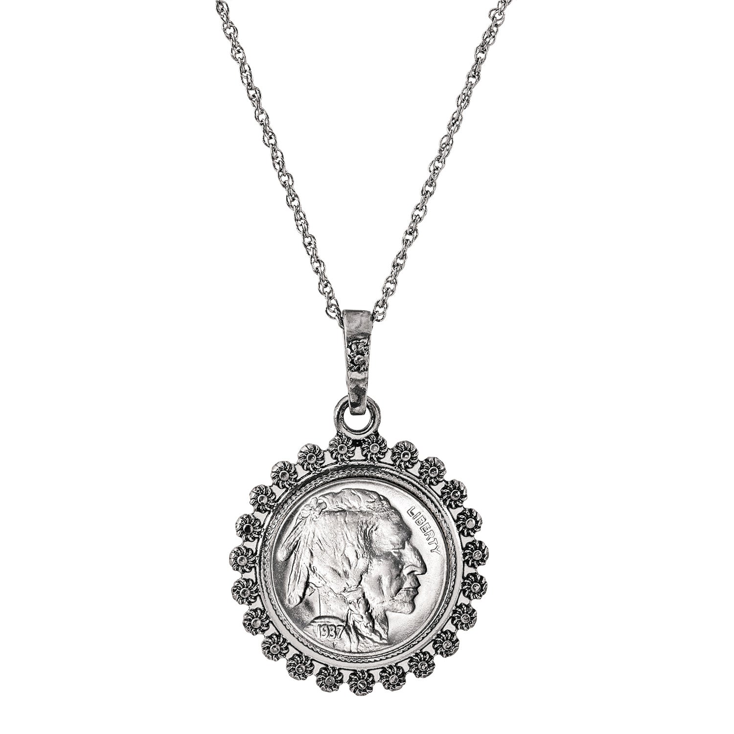 Buffalo Nickel Silvertone Blossom Coin Pendant 24" Chain