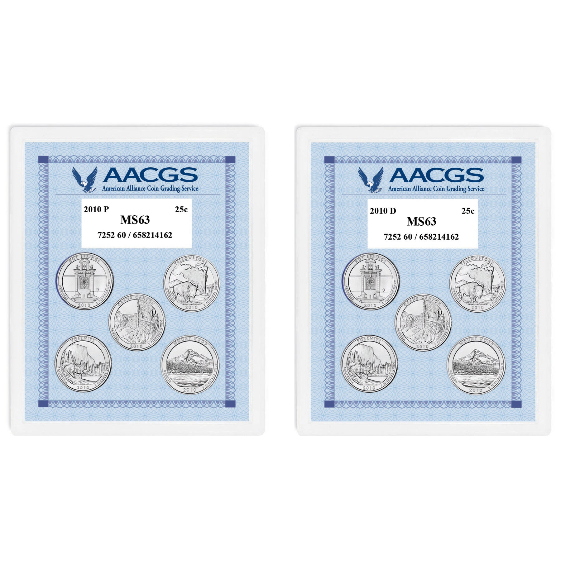 2010P & 2010D Unites States National Parks & Sites Quarters Graded MS63 Brilliant Uncirculated