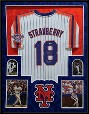 Autographed Darryl Strawberry New York Mets Inscribed Suede Framed Jersey