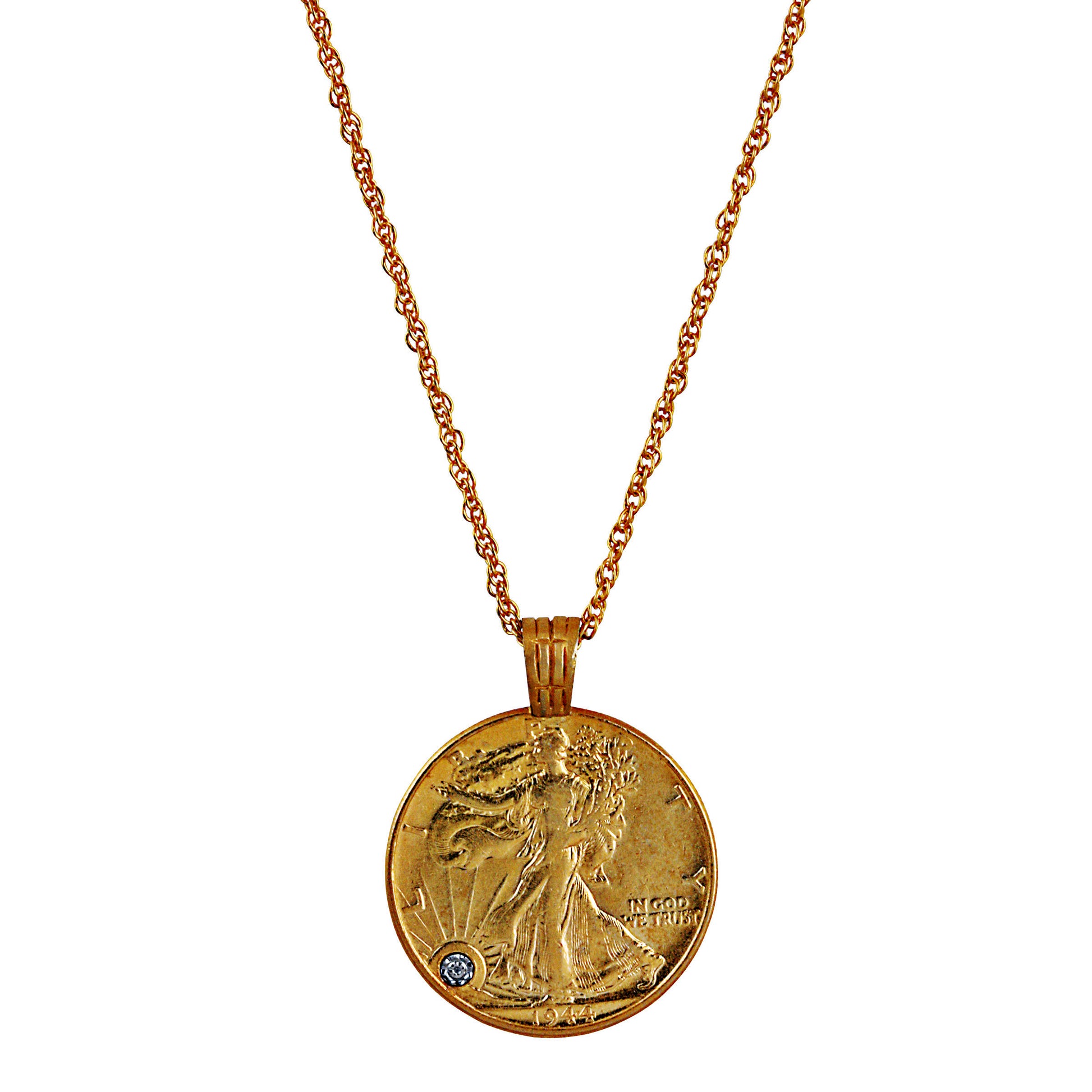 Silver Walking Liberty Half Dollar Gold Layered Coin Pendant With Diamond Chip