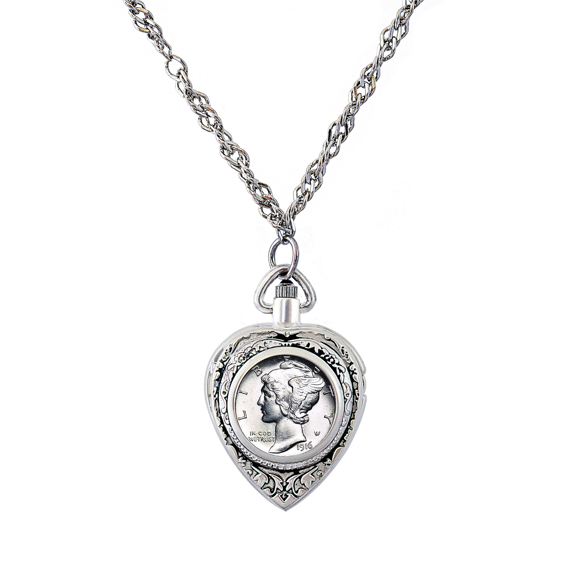 Silver Mercury Dime Heart Coin Pendant & Watch