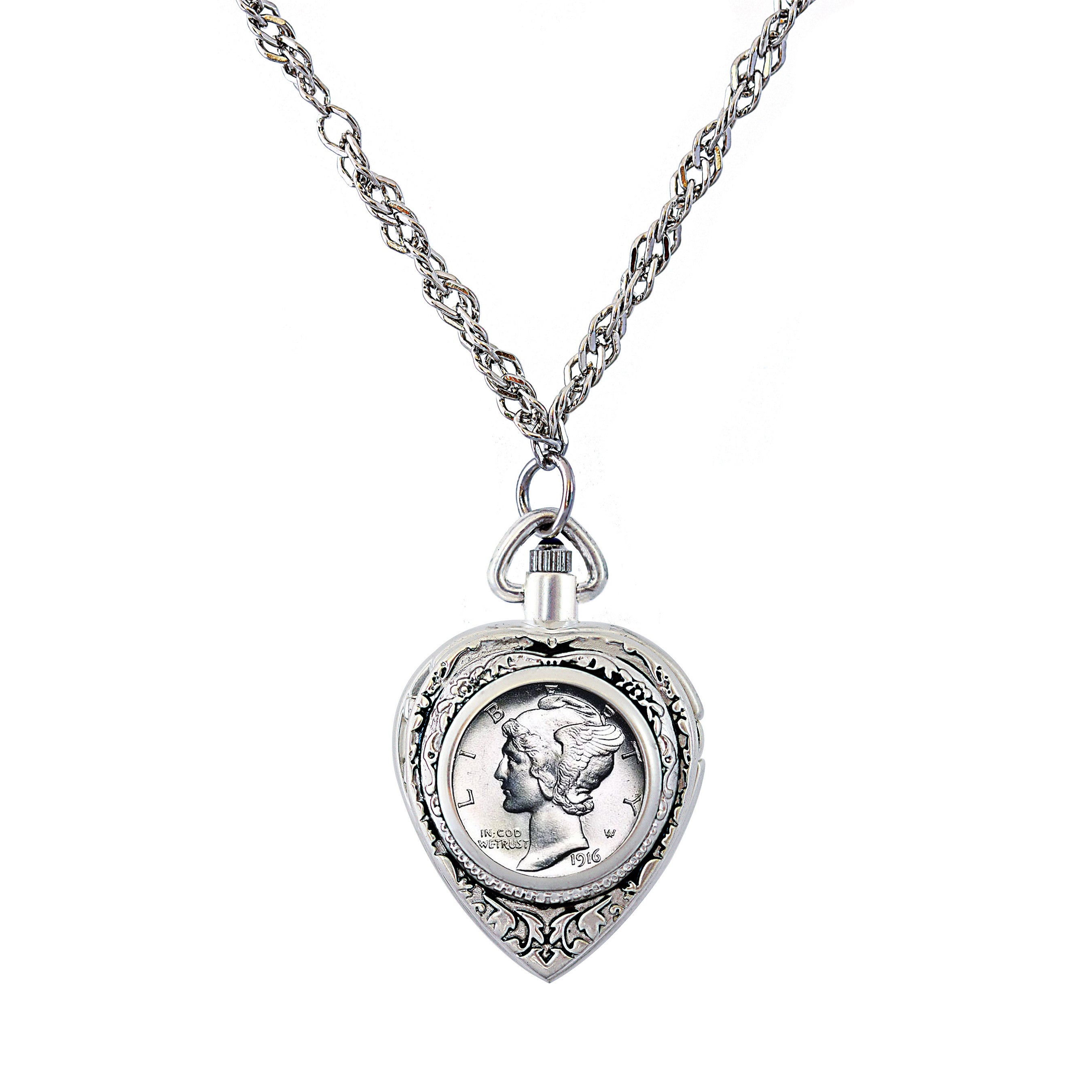 Silver Mercury Dime Heart Coin Pendant & Watch