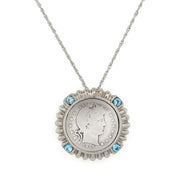 Silver Barber Quarter Silvertone Blue Crystal Coin Pendant