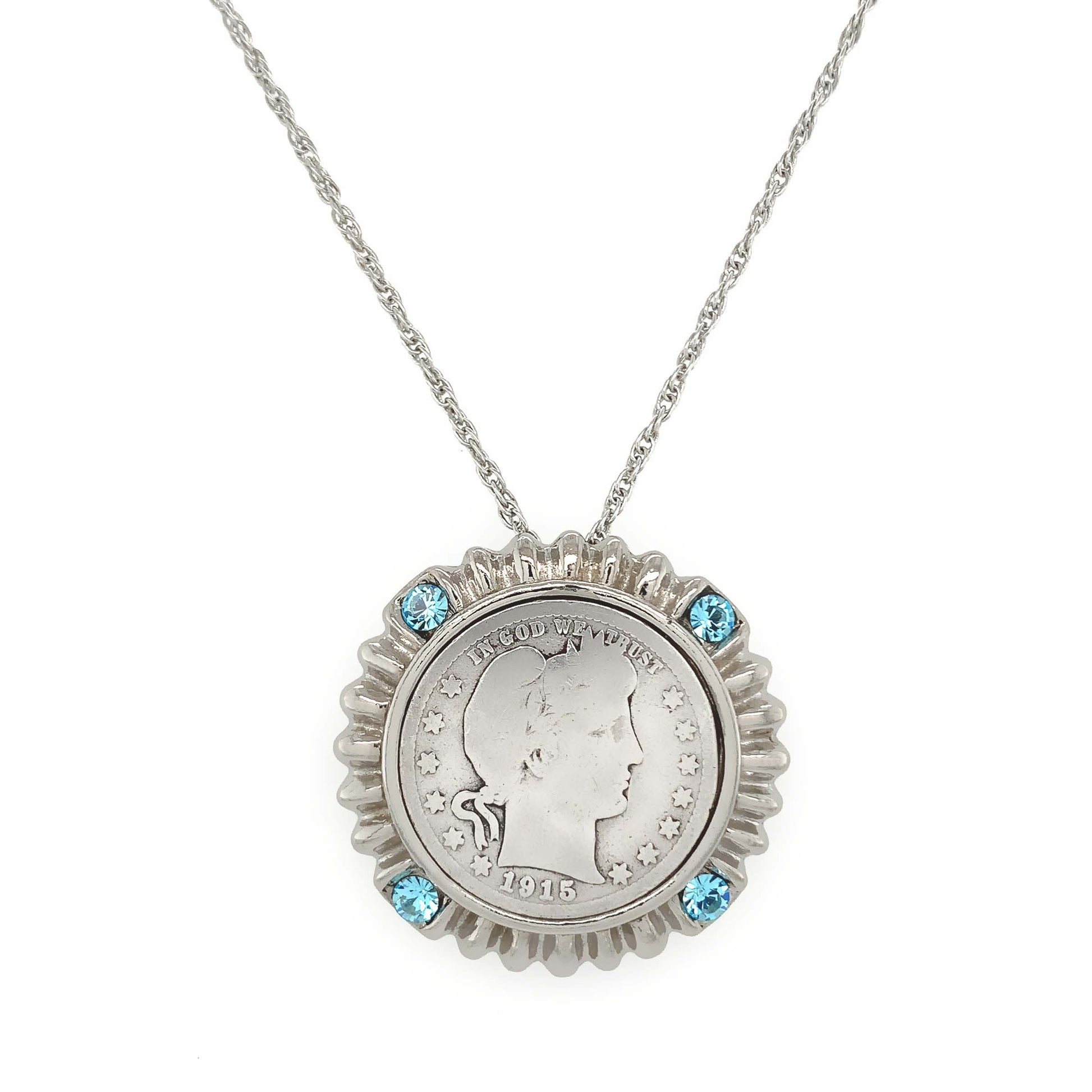 Silver Barber Quarter Silvertone Blue Crystal Coin Pendant
