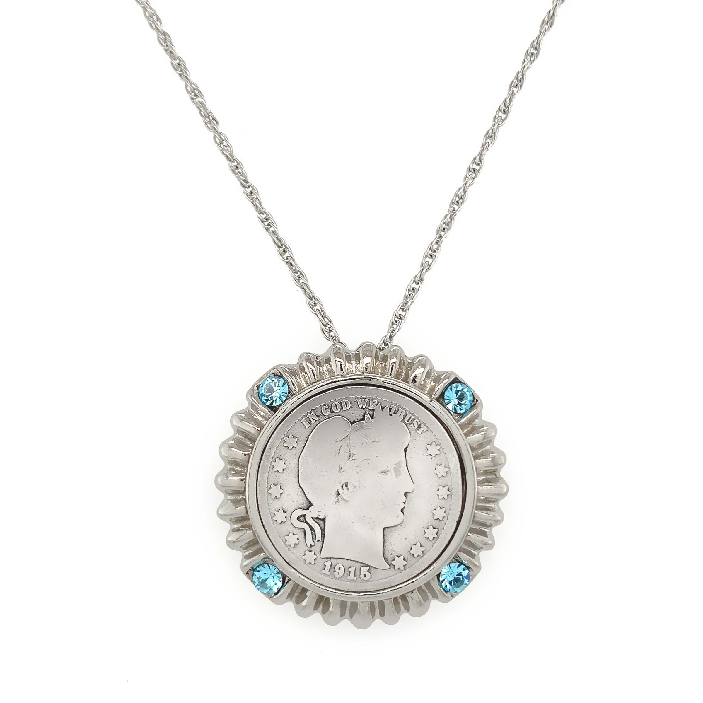 Silver Barber Quarter Silvertone Blue Crystal Coin Pendant