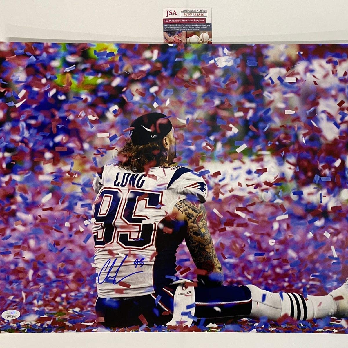 Autographed Chris Long New England Patriots Super Bowl LI 51 Champions 16x20 Football Photo