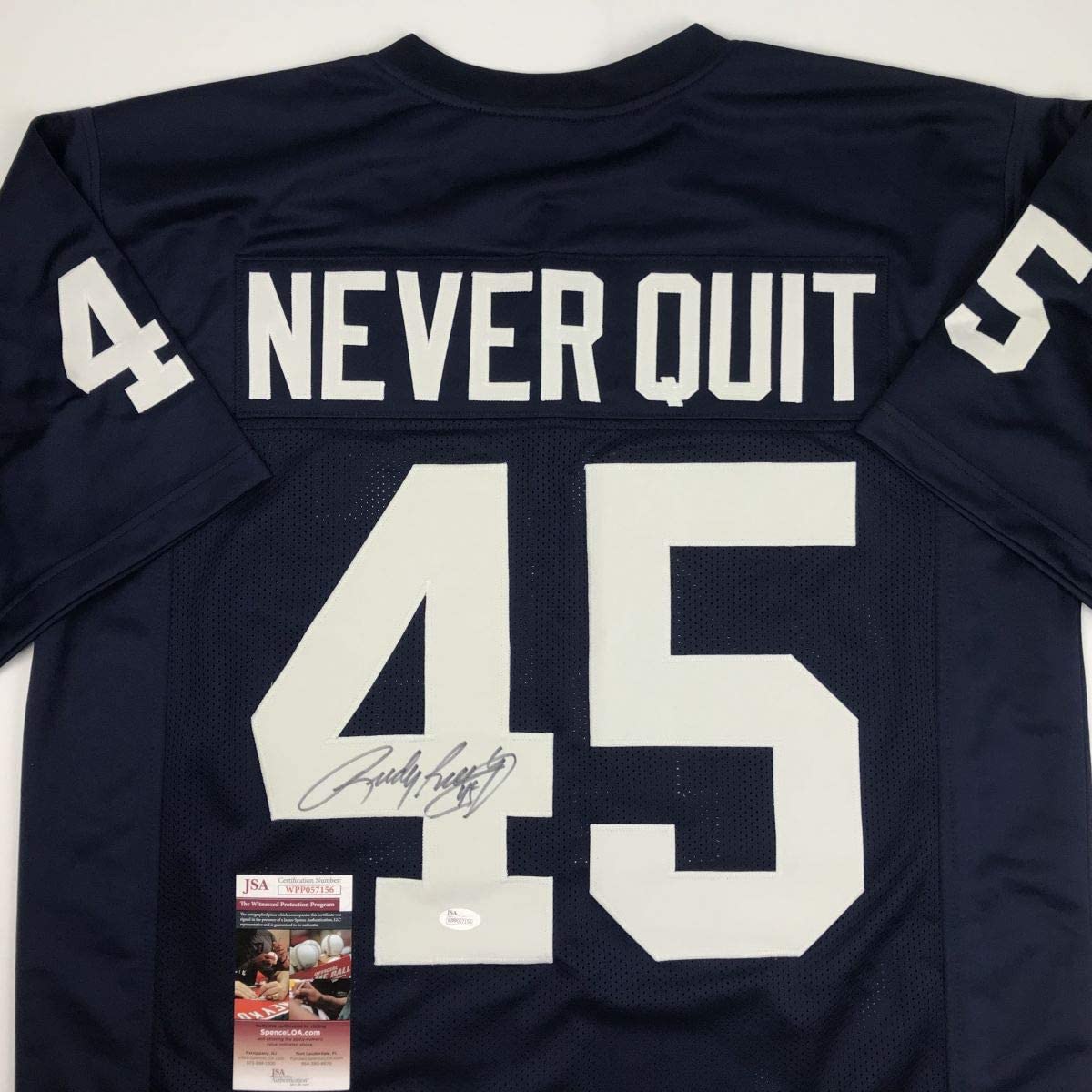 Autographed Rudy Ruettiger Never Quit Notre Dame Blue College Football Jersey