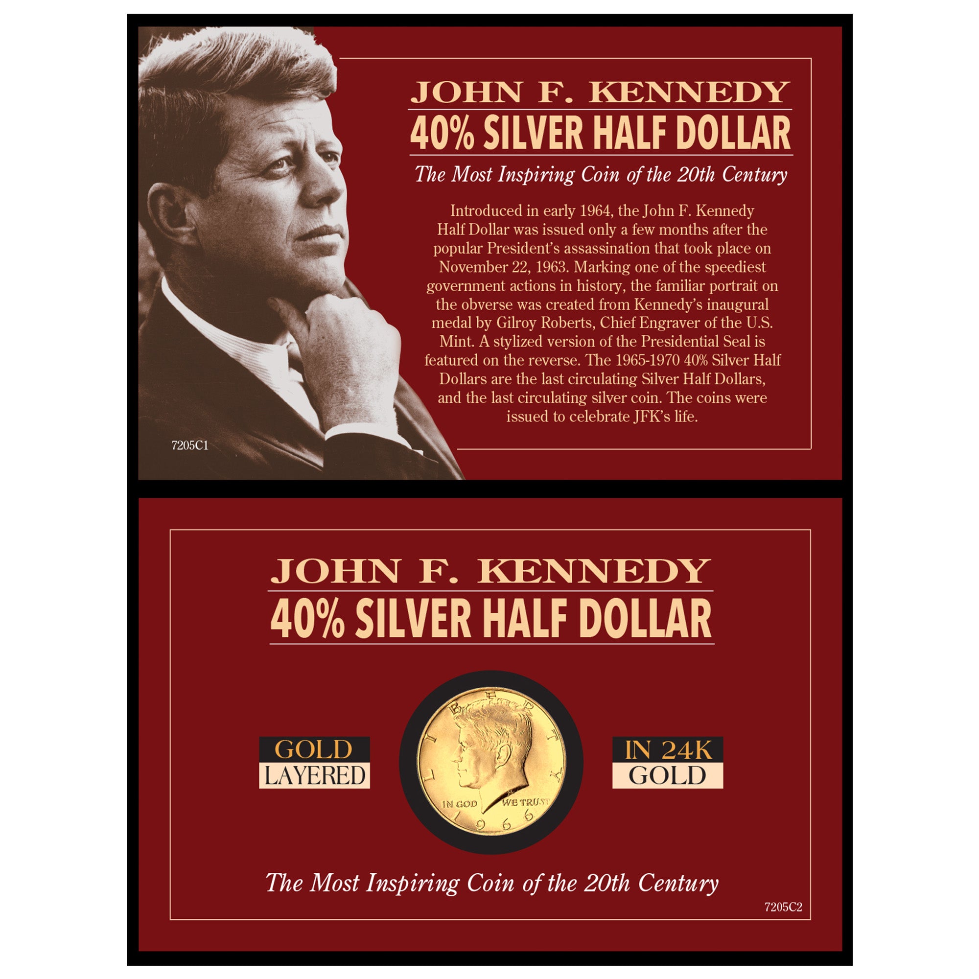 Silver JFK Half Dollar Coin Layered in Pure Gold
