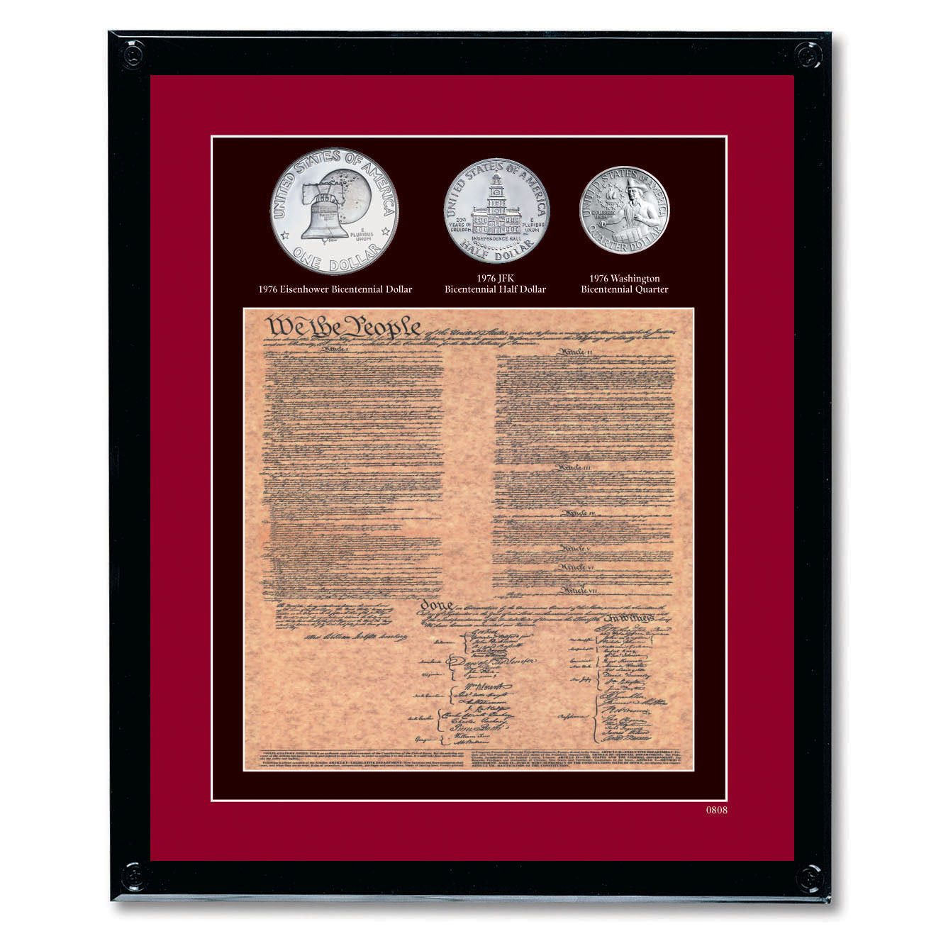 Framed U.S. Constitution With All 3 Bicentennial Coins
