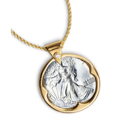 Silver Walking Liberty Half Dollar Goldtone Coin Pendant with Crystal Bail 24" Chain