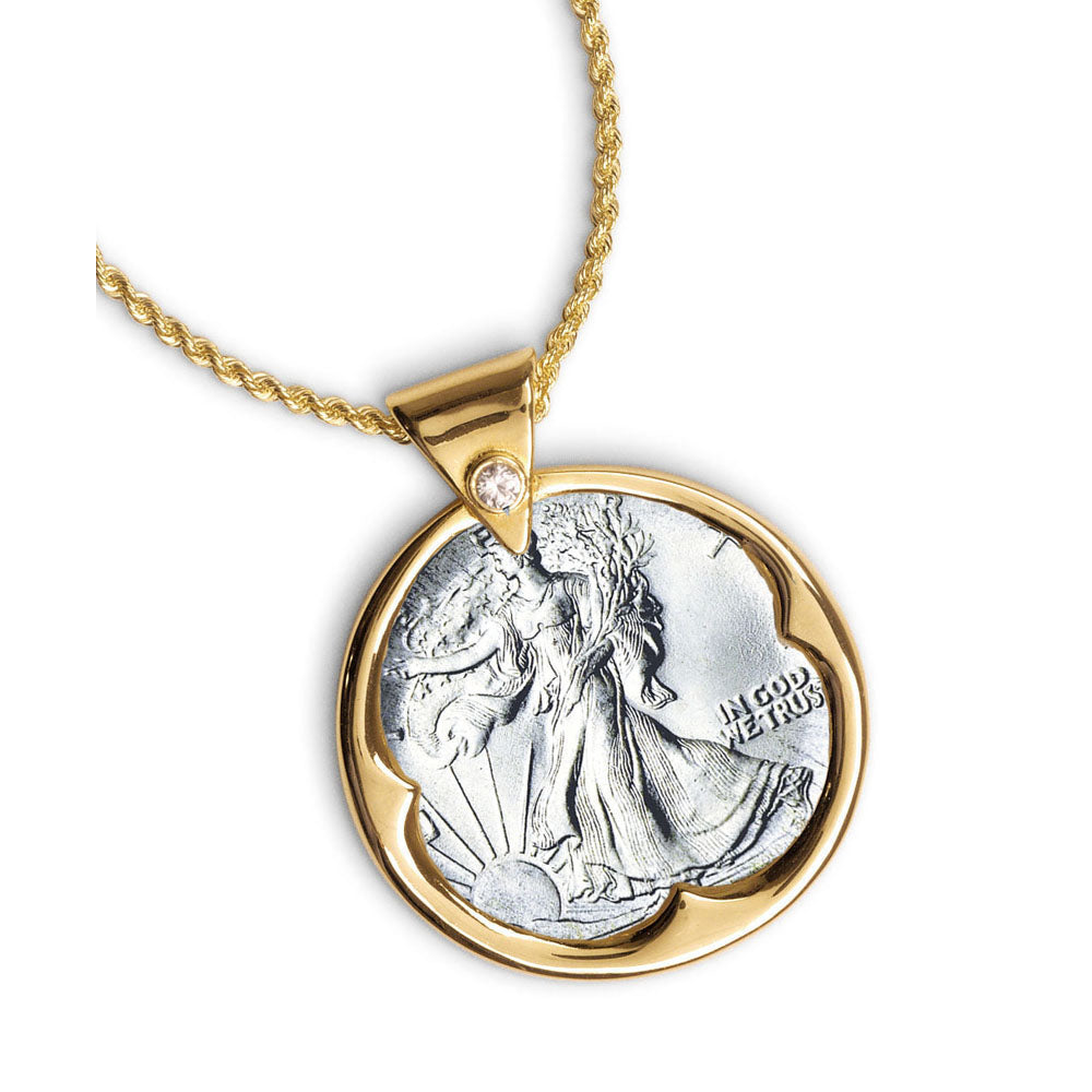 Silver Walking Liberty Half Dollar Goldtone Coin Pendant with Crystal Bail 24" Chain