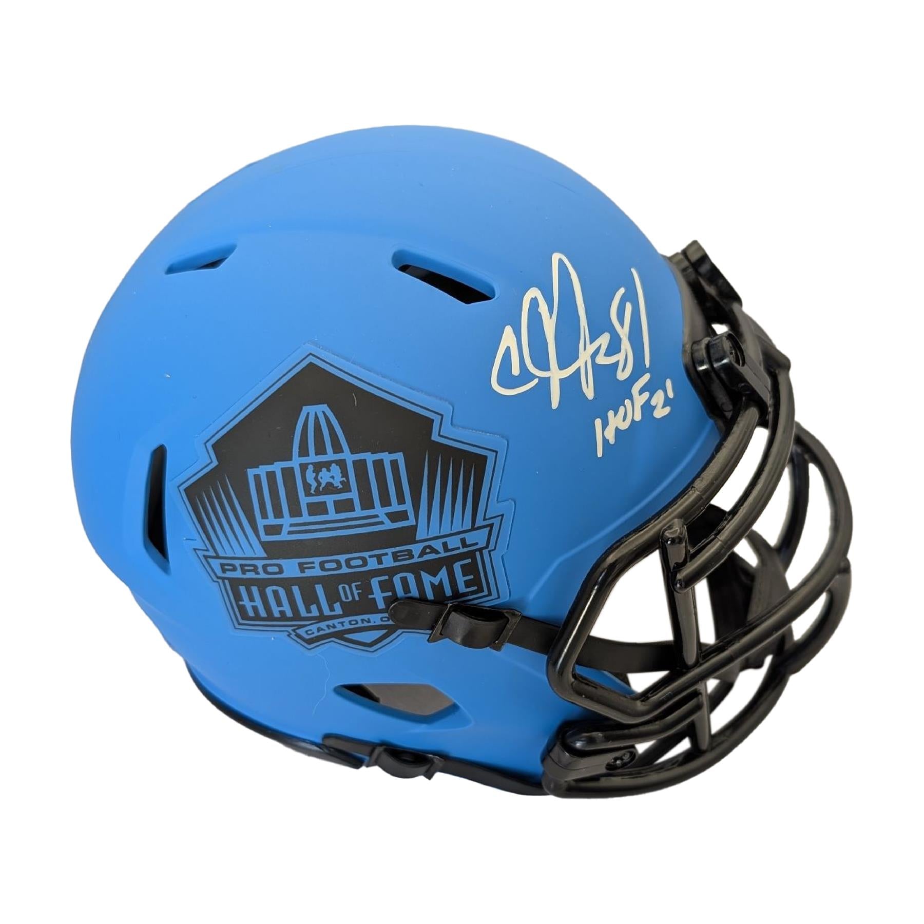 Autographed Calvin Johnson Hall of Fame Rave Mini Helmet with HOF 21 Inscription