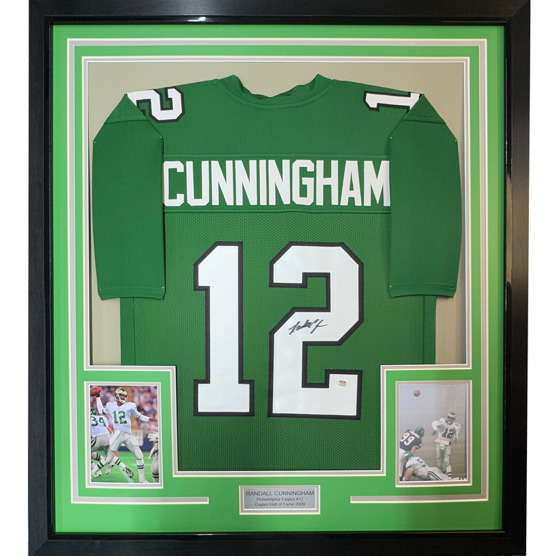 Autographed Randall Cunningham 35x39 Philadelphia Green Framed Football Jersey