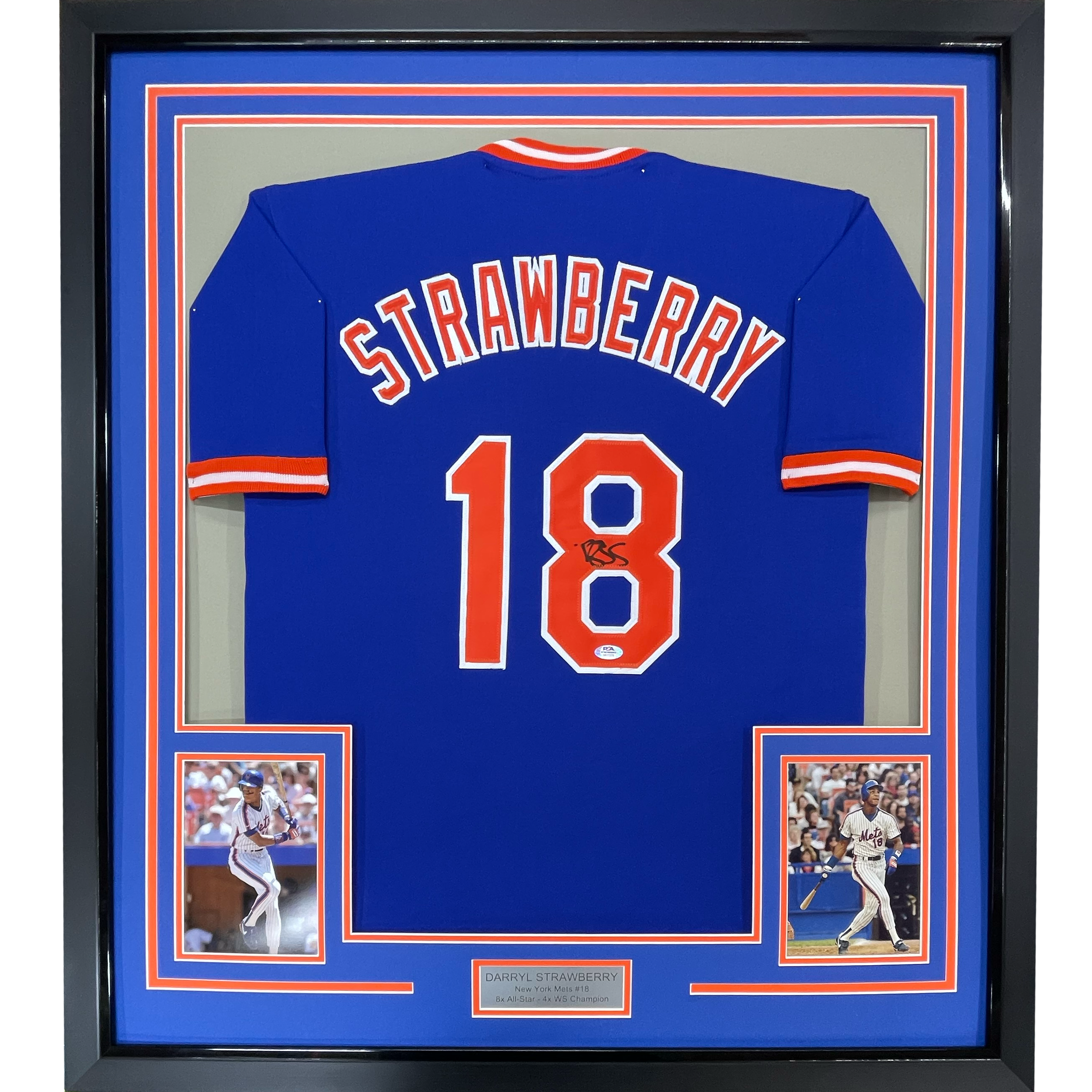 Framed Autographed Darryl Strawberry 35x39 New York Blue Baseball Jersey PSA/DNA COA