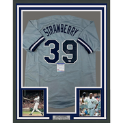 Framed Autographed Darryl Strawberry 35x39 New York Grey Baseball Jersey PSA/DNA COA