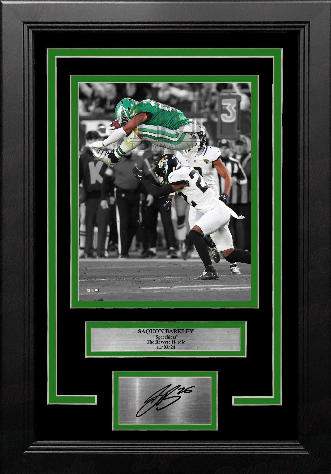 Engraved Autographed Saquon Barkley Reverse Hurdle Philadelphia Eagles 8x10 Framed Football Photo