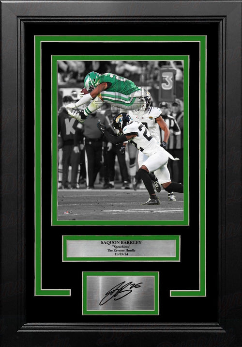 Autographed Engraved Saquon Barkley Reverse Hurdle Philadelphia Eagles 8x10 Framed Football Photo