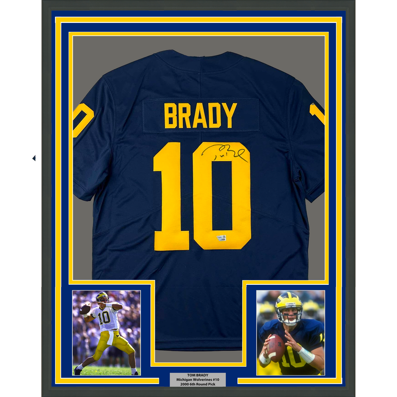 Autographed Tom Brady 35x39 Michigan Wolverines Blue Authentic Limited Football Framed Jersey