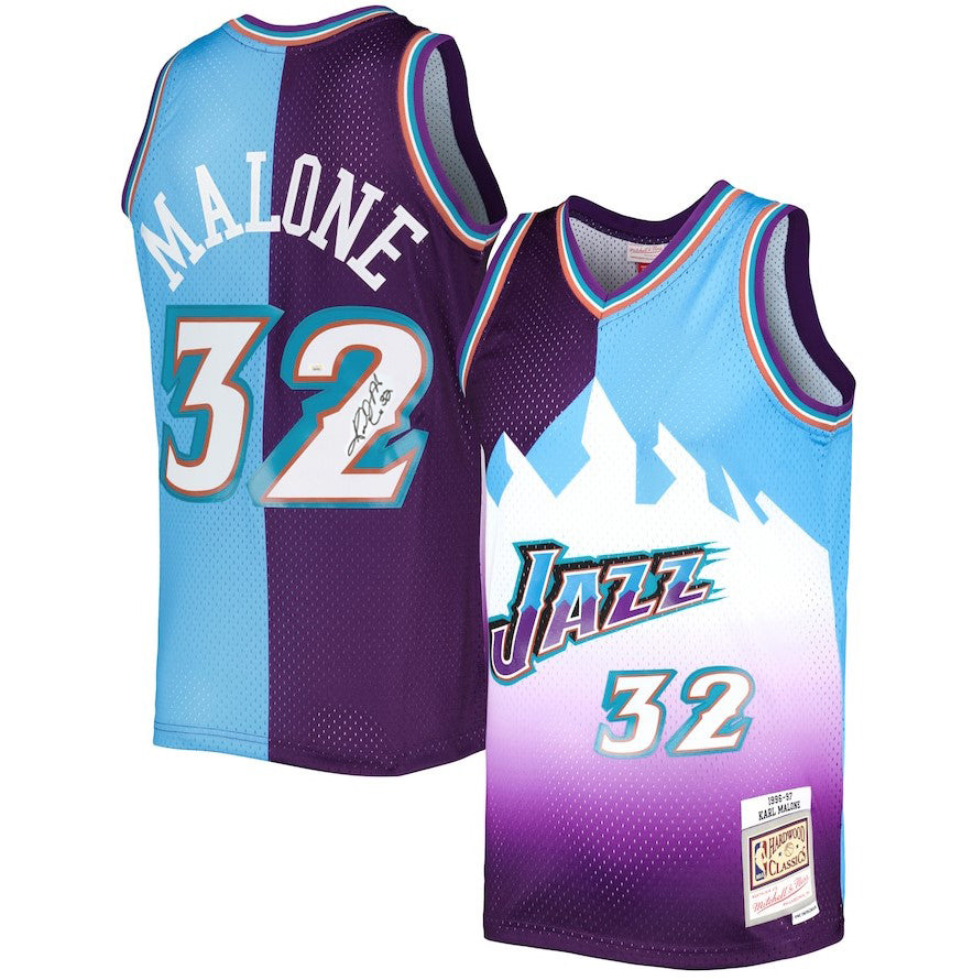 Autographed Karl Malone Utah Jazz Mitchell & Ness Split Basketball Jersey
