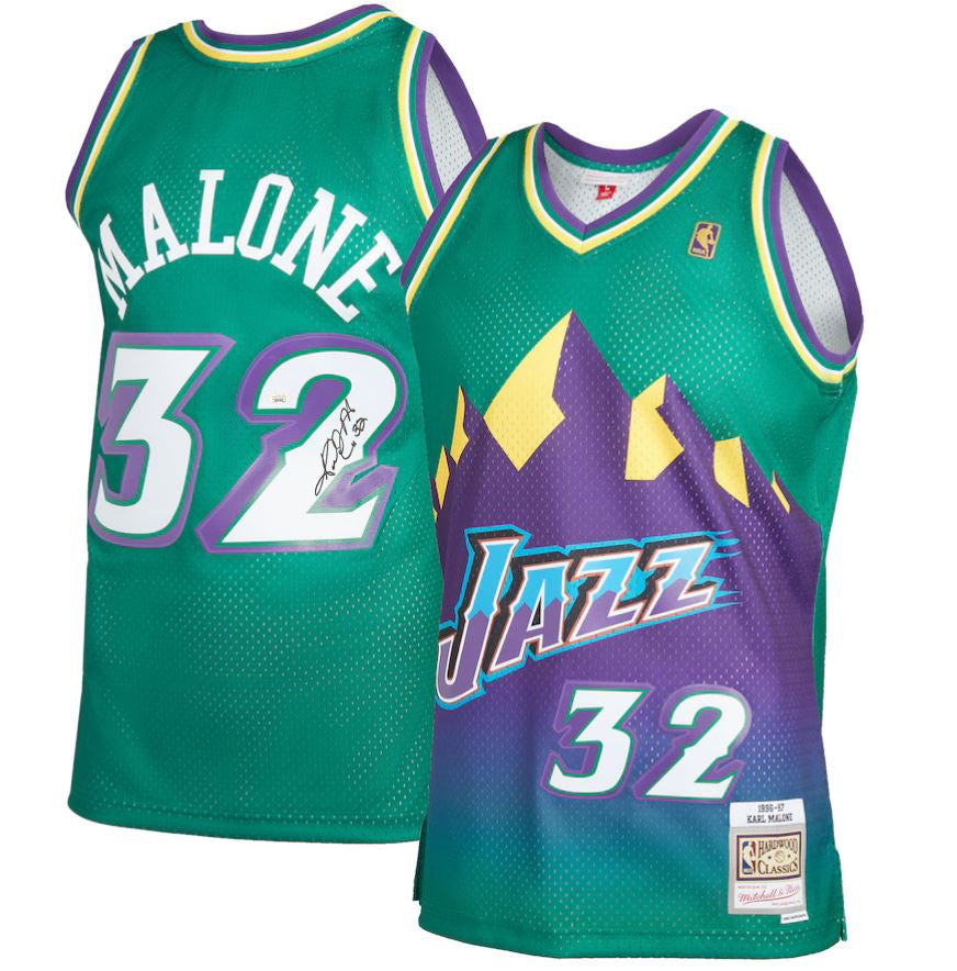 Karl Malone Utah Jazz Autographed Mitchell & Ness Green Basketball Jersey