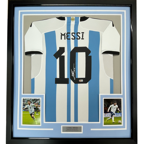 Autographed Lionel Leo Messi 35x39 Argentina Blue/White Framed Soccer Jersey