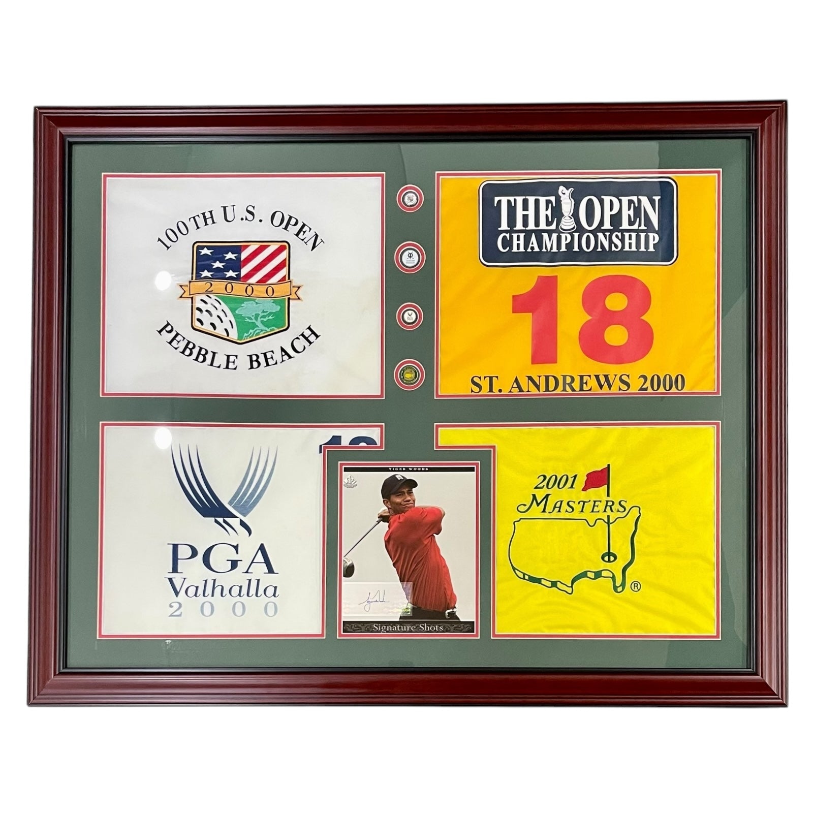Autographed Tiger Woods Tiger Slam Deluxe Framed Piece - 2000 US Open, British Open, PGA Championship, 2001 Masters