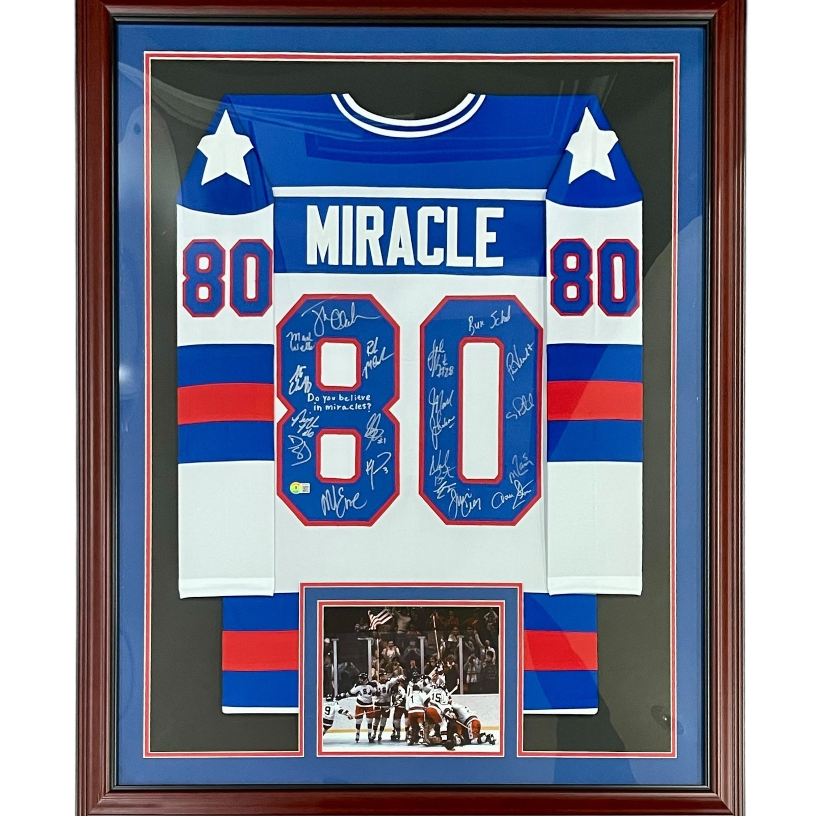 1980 U.S. Olympic Hockey Team Autographed (USA White #80) Deluxe Framed Jersey - Miracle On Ice - 19 Team Member Signatures - Beckett Witness
