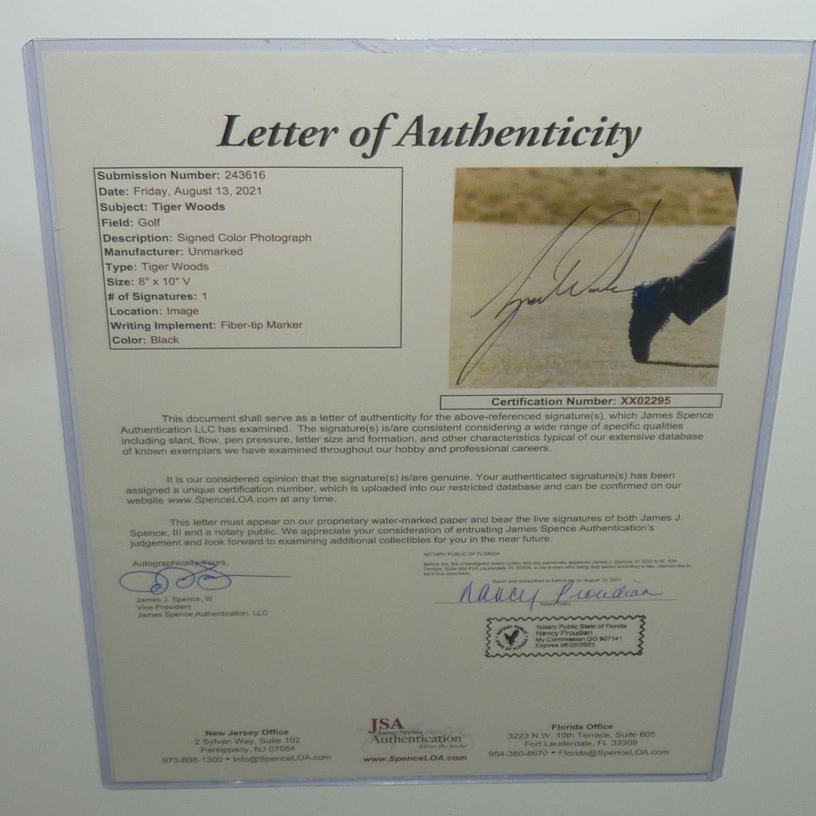 Autographed Tiger Woods Full-Size Masters Golf Poster Deluxe Framed with 8x10 Photo - JSA