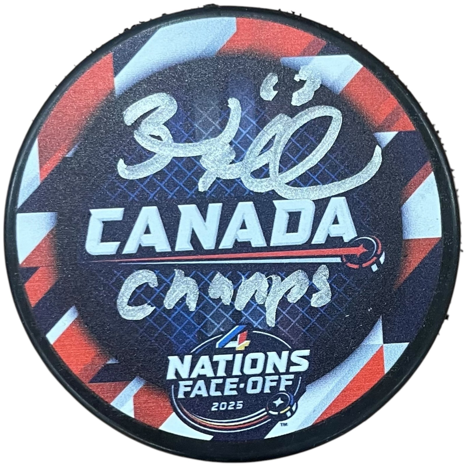 Autographed Brad Marchand Team Canada 4 Nations Hockey Puck with "Champs" Inscription