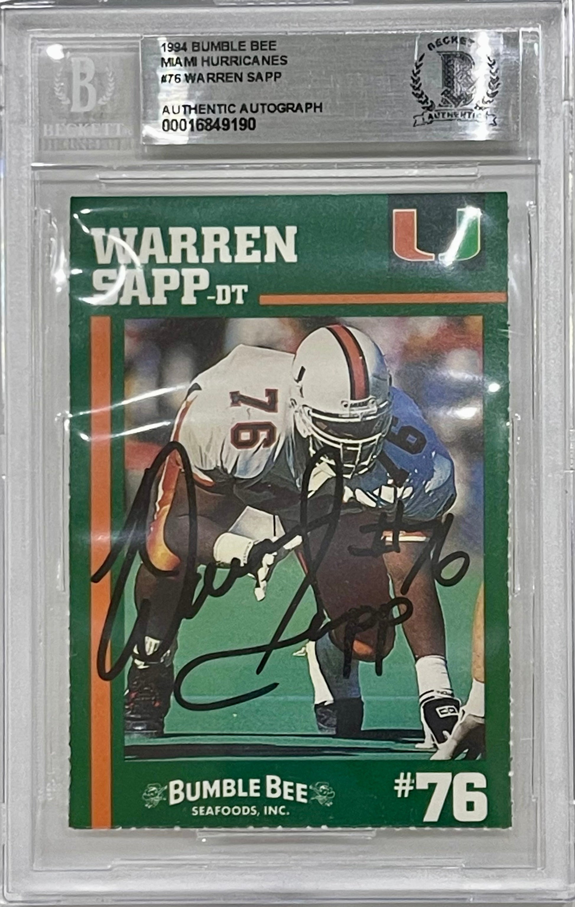 bumble bee wearing football helmet Autographed Warren Sapp 1994 Miami Hurricanes Bumble Bee Card