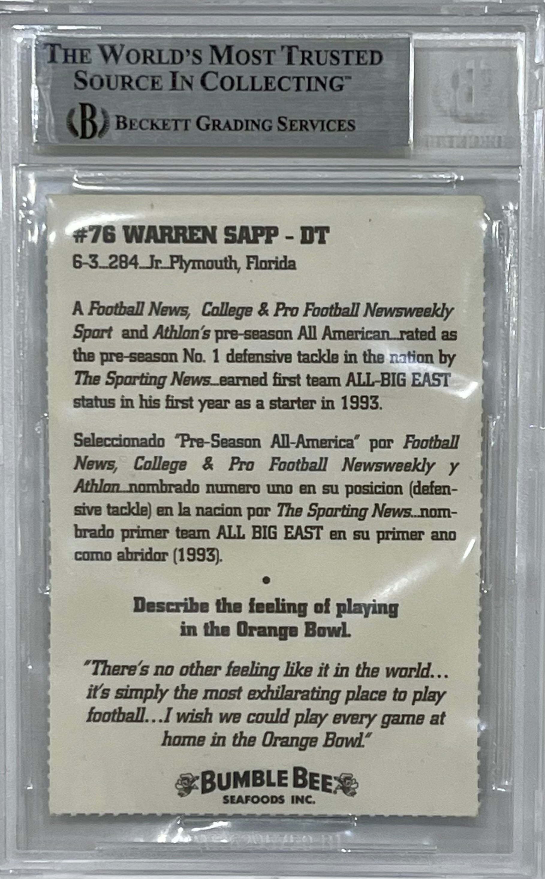 Autographed Warren Sapp 1994 Miami Hurricanes Bumble Bee Card