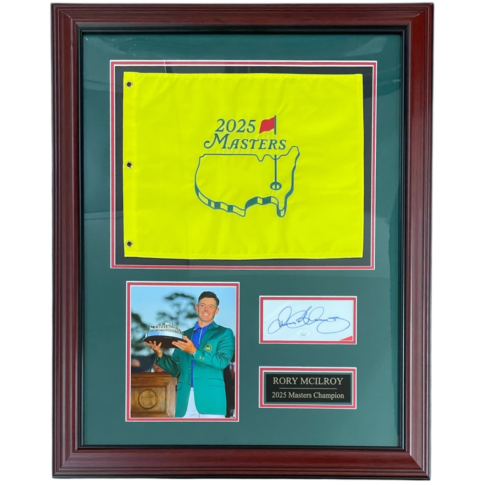 Autographed Rory McIlroy 2025 Masters Champion Deluxe Framed Pin Flag Piece