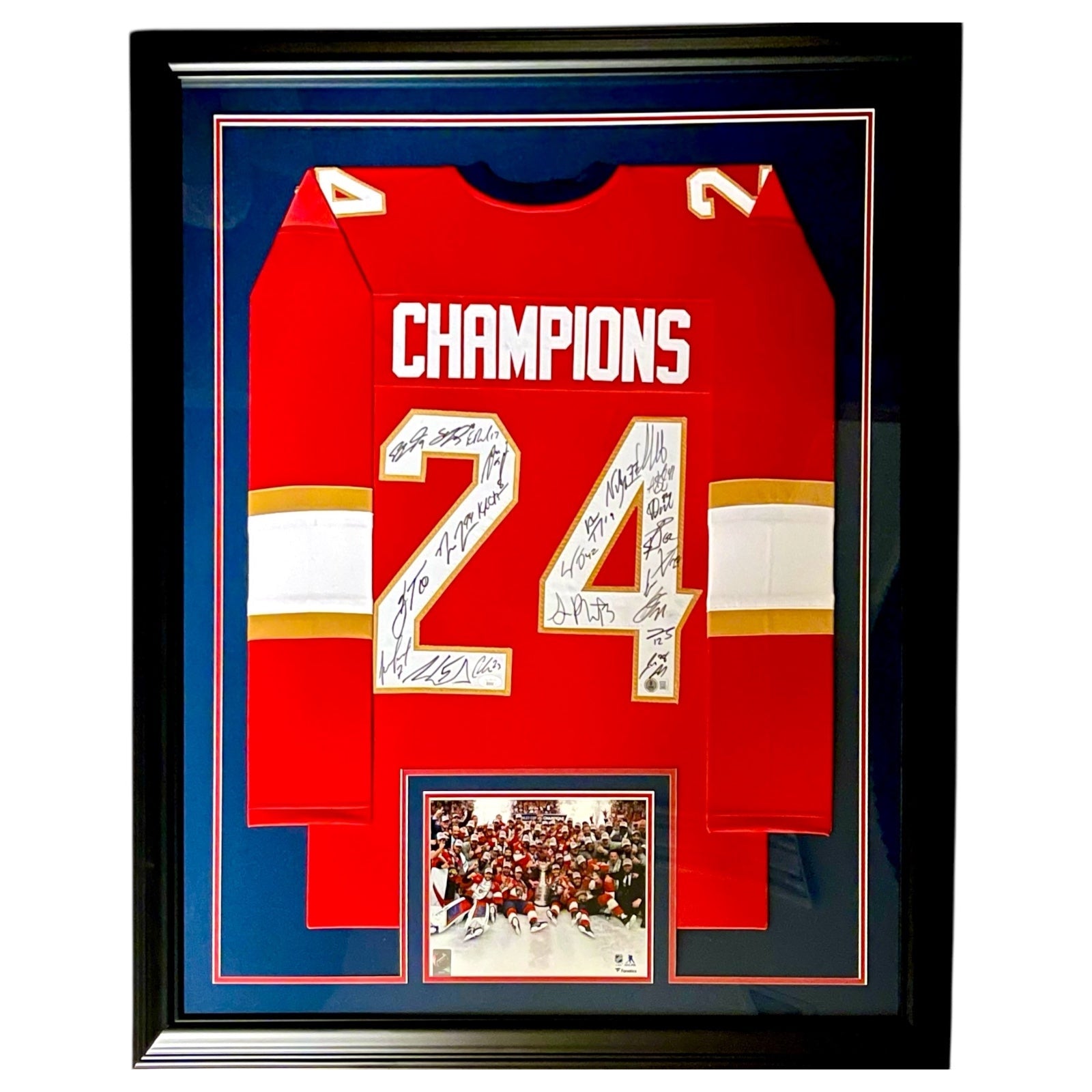 Florida Panthers 2024 Stanley Cup Champions Team Autographed (Red #24) Deluxe Framed Jersey - 23 Signatures - JSA , Beckett