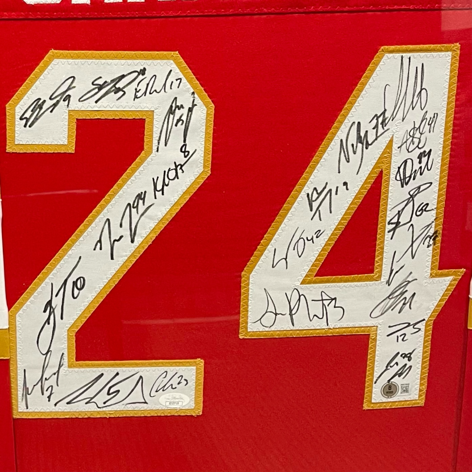 Florida Panthers 2024 Stanley Cup Champions Team Autographed (Red #24) Deluxe Framed Jersey - 23 Signatures - JSA , Beckett