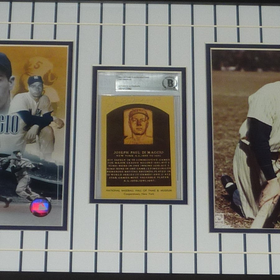 Autographed Joe Dimaggio New York Yankees HOF Postcard Deluxe Framed Piece with 8x10 Photos