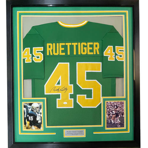 Autographed Rudy Ruettiger 35x39 Notre Dame Framed Green College Football Jersey