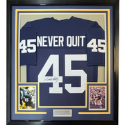 Autographed Rudy Ruettiger 35x39 Never Quit Notre Dame Framed Blue College Football Jersey